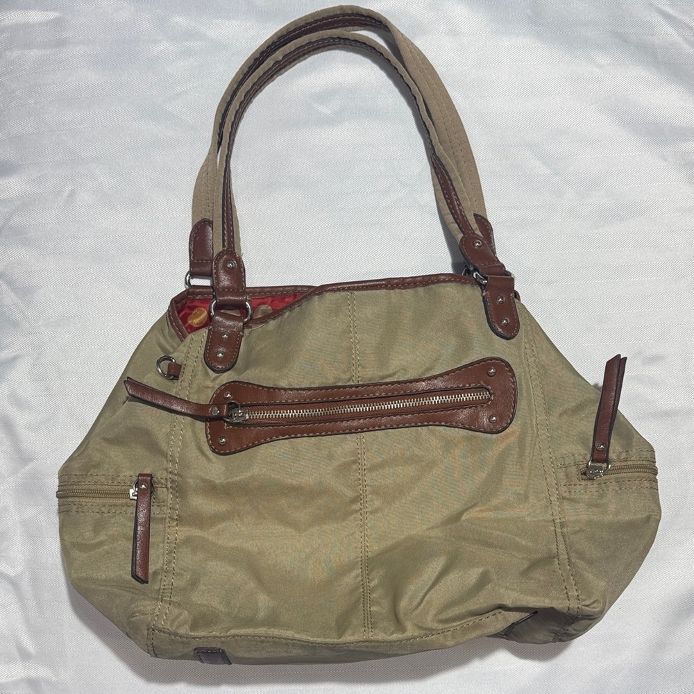 Franco Sarto Khaki Canvas Shoulder Bag with Brown Trim